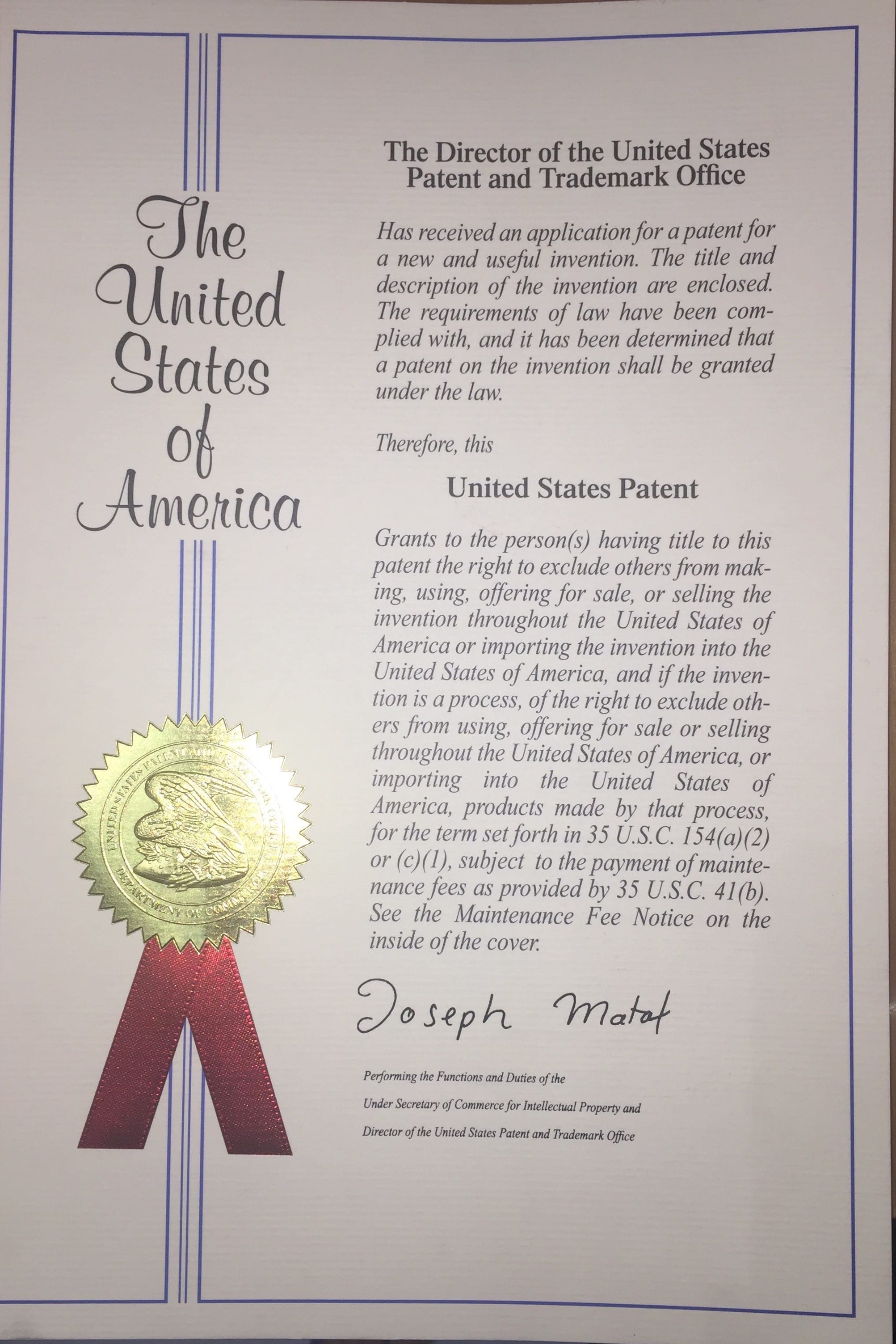 USA patent certificate